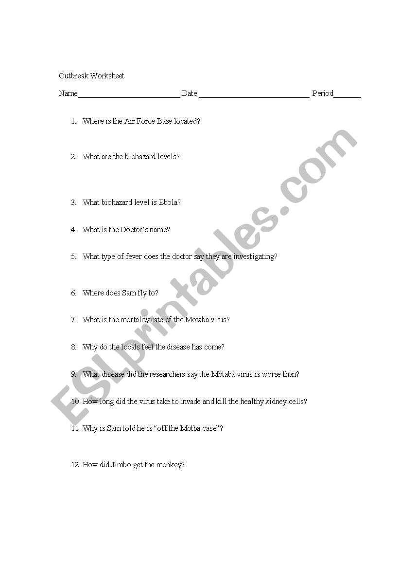 English worksheets: Outbreak Film Worksheet