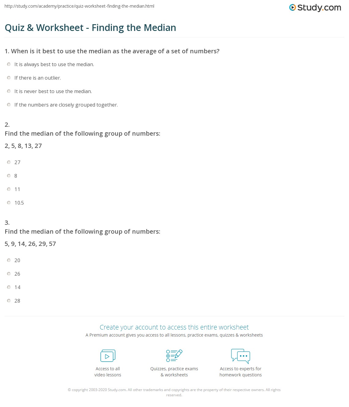 Quiz &  Worksheet - Finding the Median | Study.com