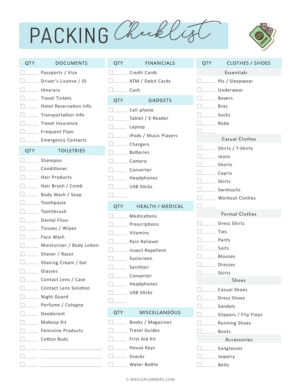 overseas packing list printable