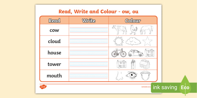 Ow and Ou Worksheets PDF | Read write and Colour Activity