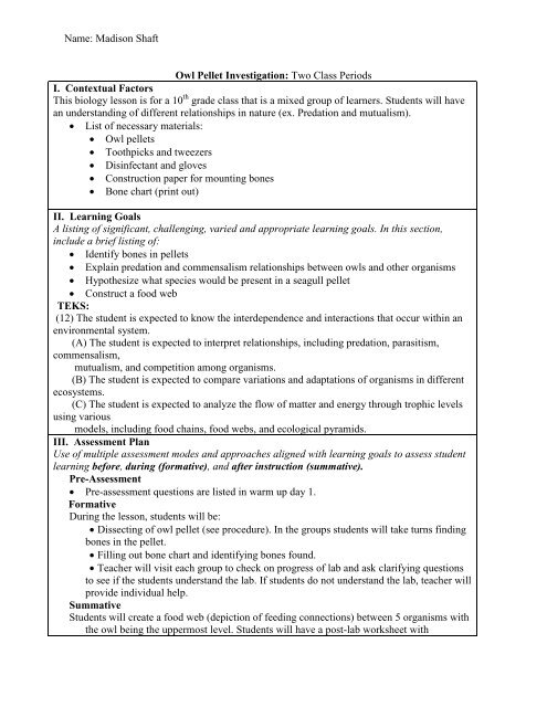 Owl Pellets Lesson Plan - St. Edwards University