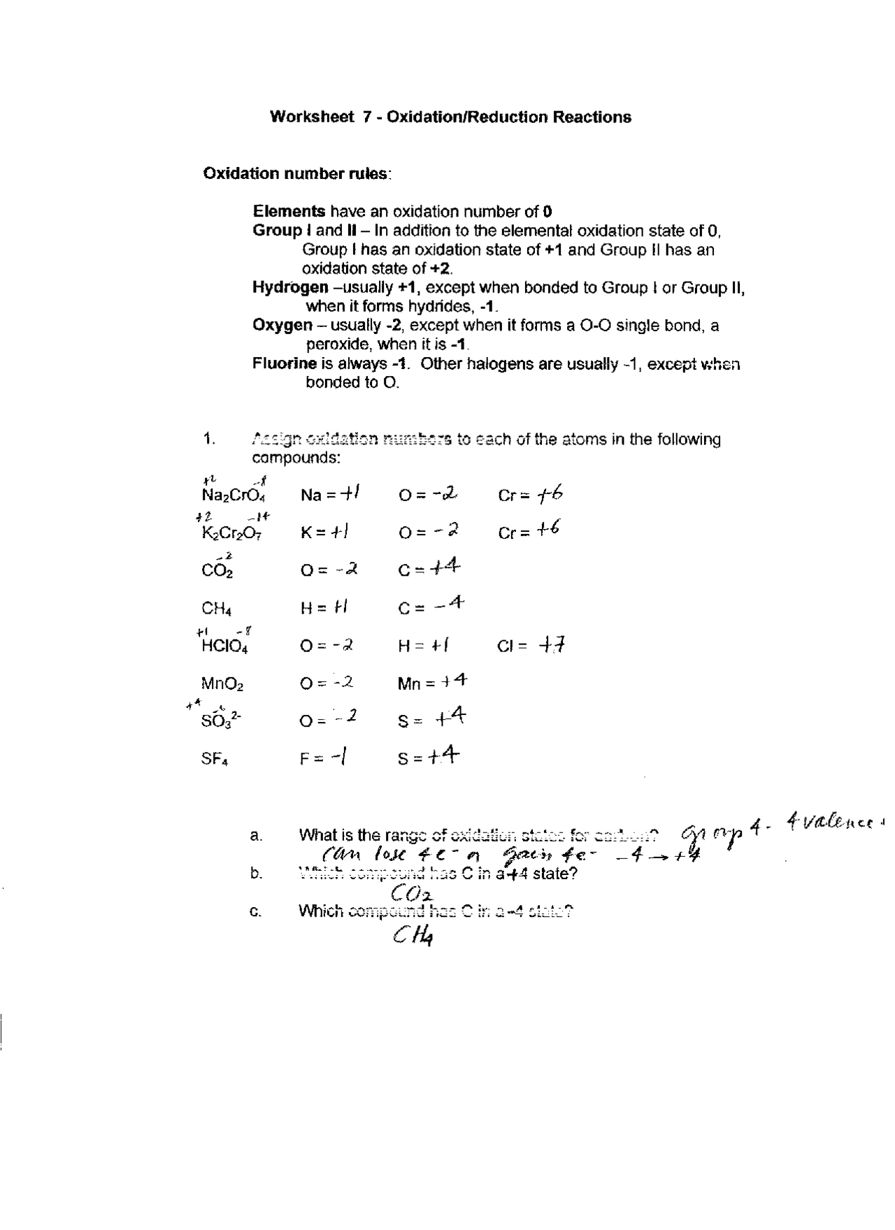oxidation and reduction worksheet