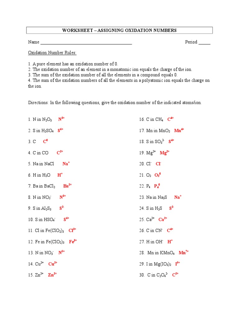 Worksheet - Assigning Oxidation Numbers - Key | PDF