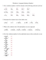 Assigning Oxidation Numbers KEY.pdf - Worksheet: Assigning ...