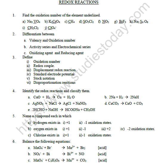 CBSE Class 11 Chemistry Redox Reactions Worksheet Set A