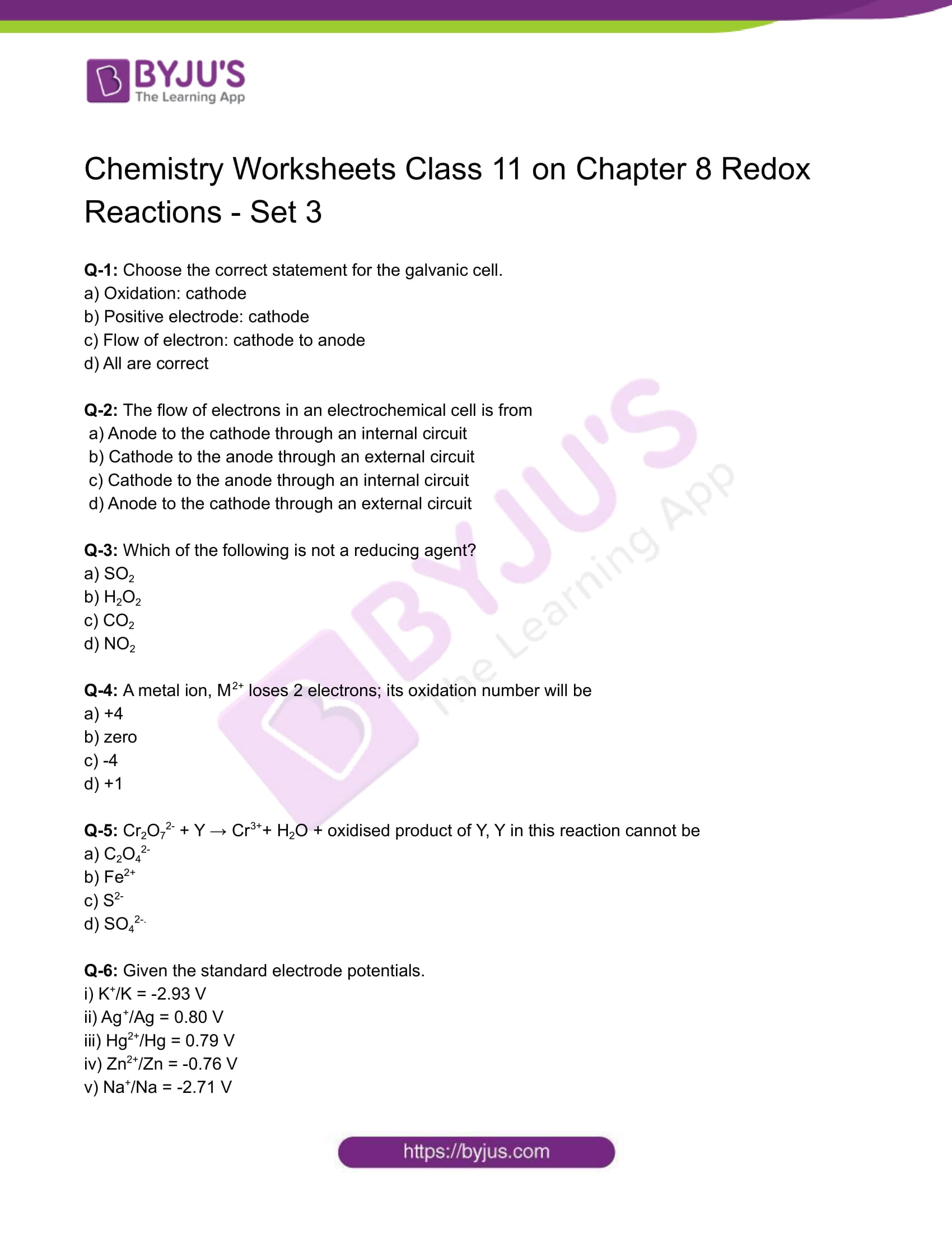Class 11 Chemistry Worksheet on Chapter 8 Redox Reactions - Set 3