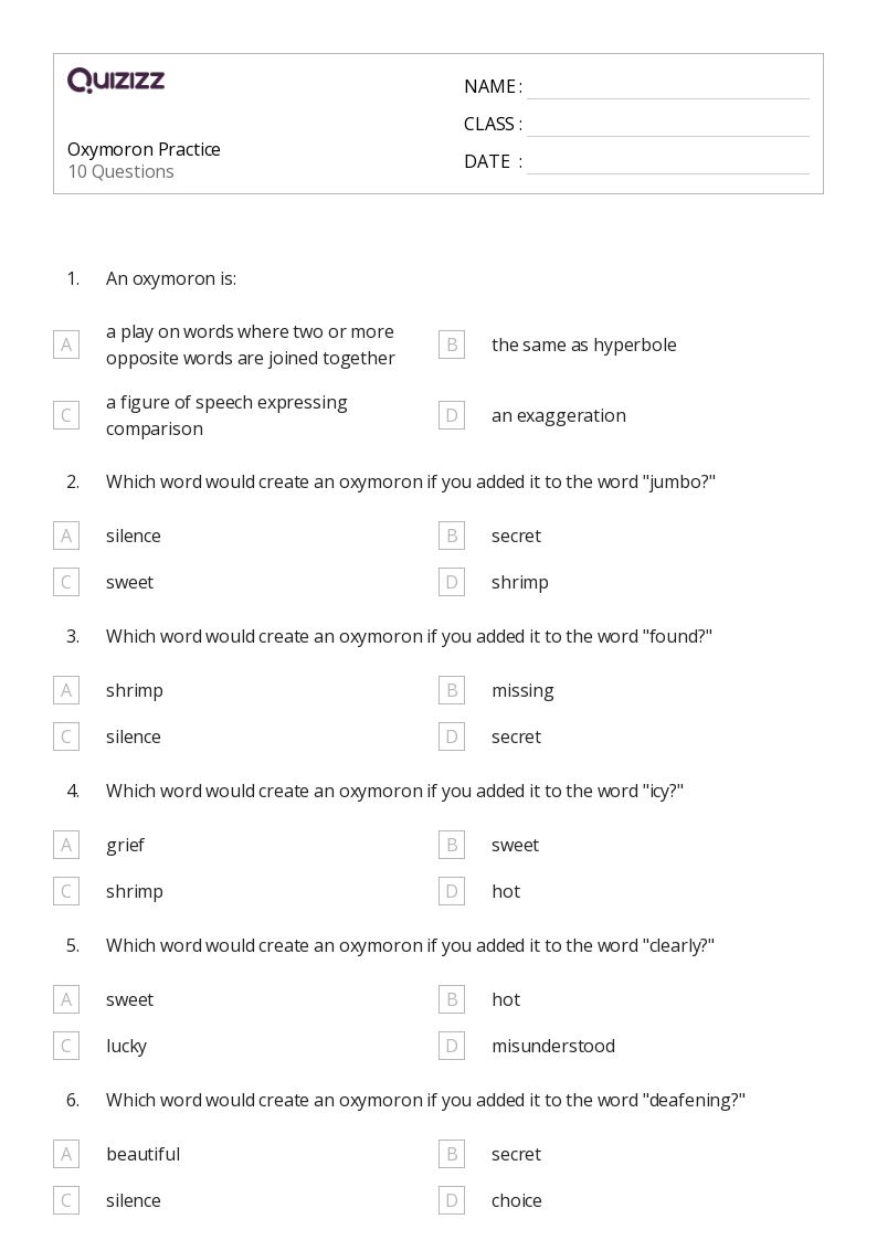 50+ Oxymoron worksheets on Quizizz | Free &  Printable