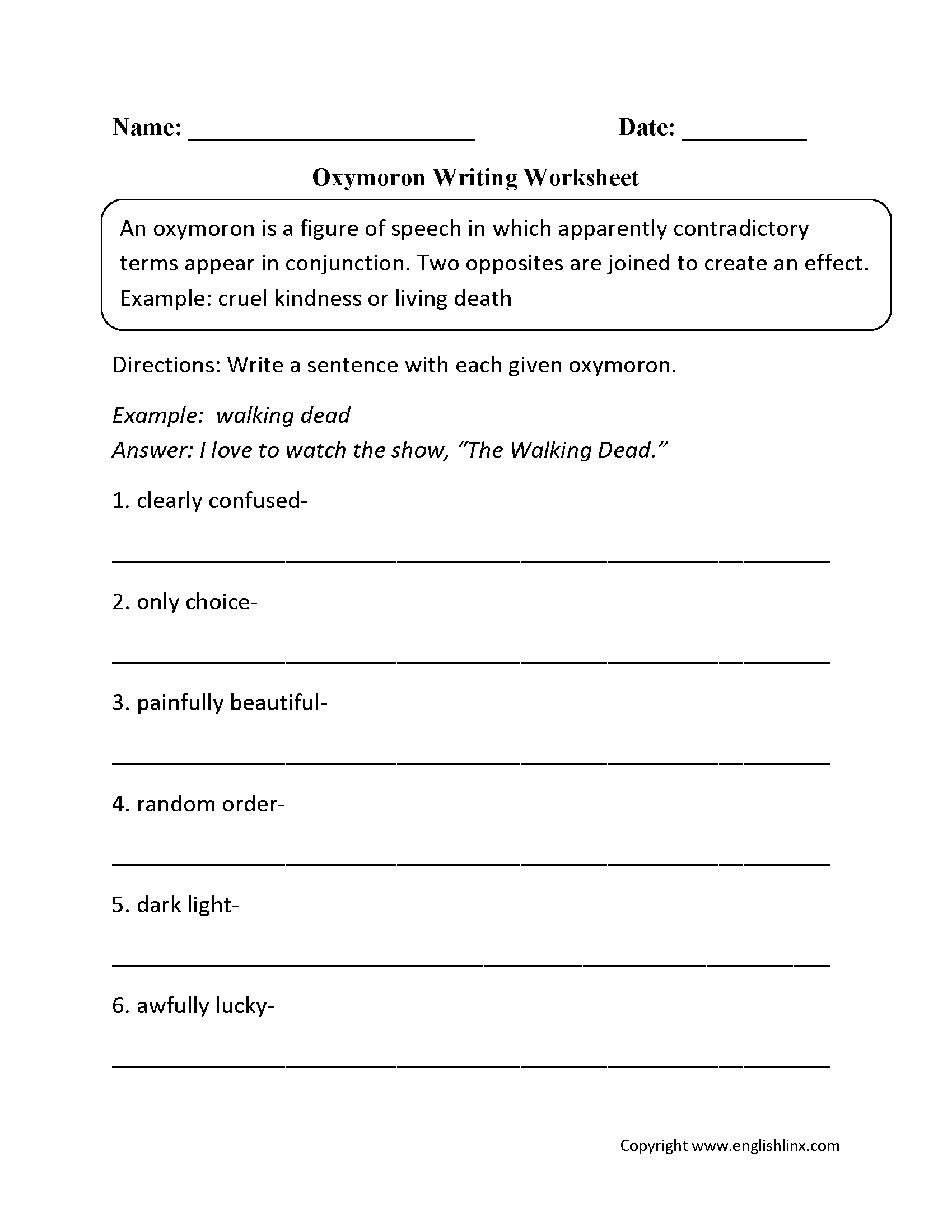 Figurative Language Worksheets | Oxymoron Worksheets