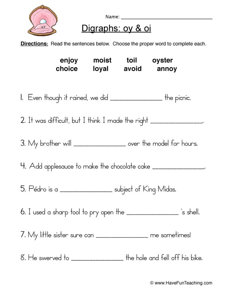 OI OY Digraphs Worksheet  