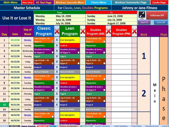 Excel Workout Tool for P90X