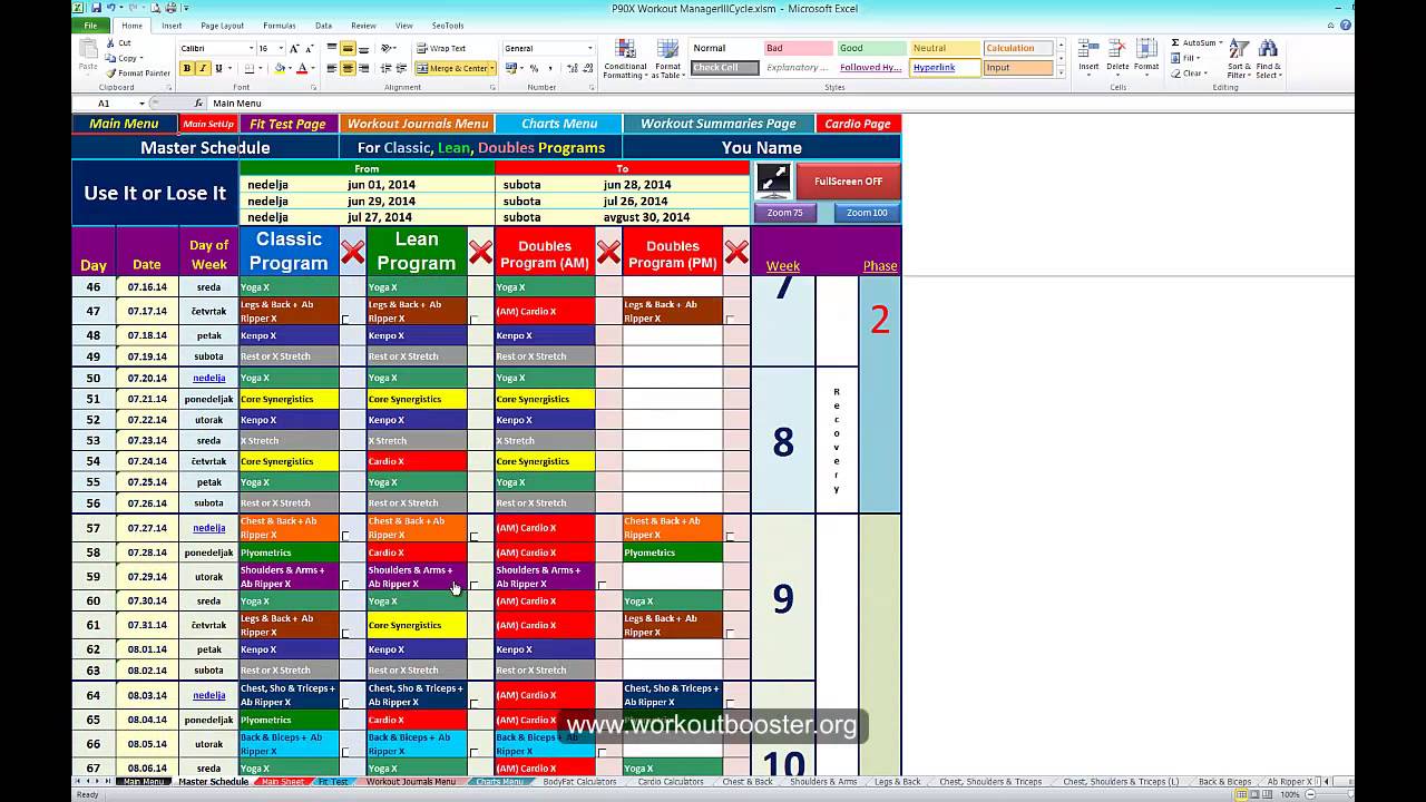 P90X Workout Schedule Calendar in Excel Sheets