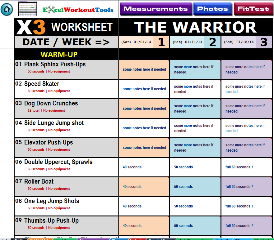 Excel Workout Tool for P90X3