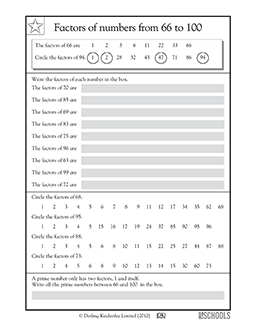 Factors of numbers from 66 to 100 | 4th grade Math Worksheet ...
