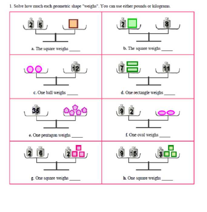 Pan Balance Problems Worksheet | Activity Shelter
