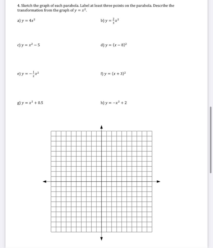 Solved 4.3 -Transformations of Parabolas Worksheet #1 MPM2D ...