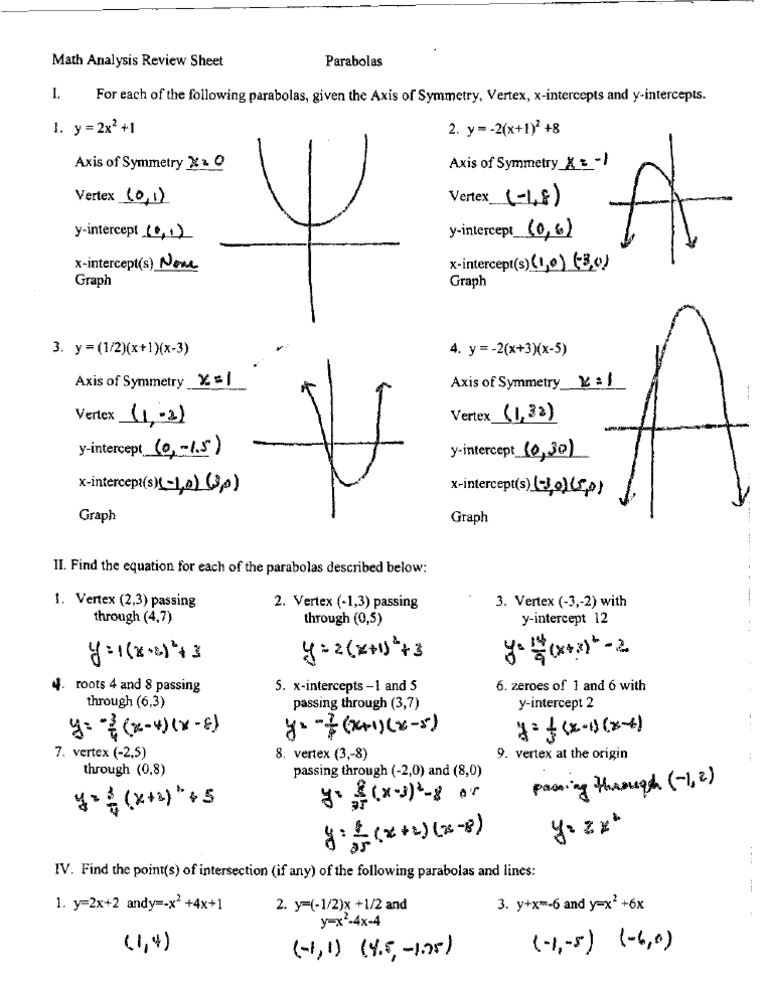 Parabola Review Worksheet Answers | PDF | Vertex (Graph Theory ...
