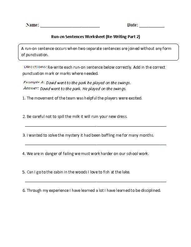 Sentences Worksheets | Run on Sentences Worksheets