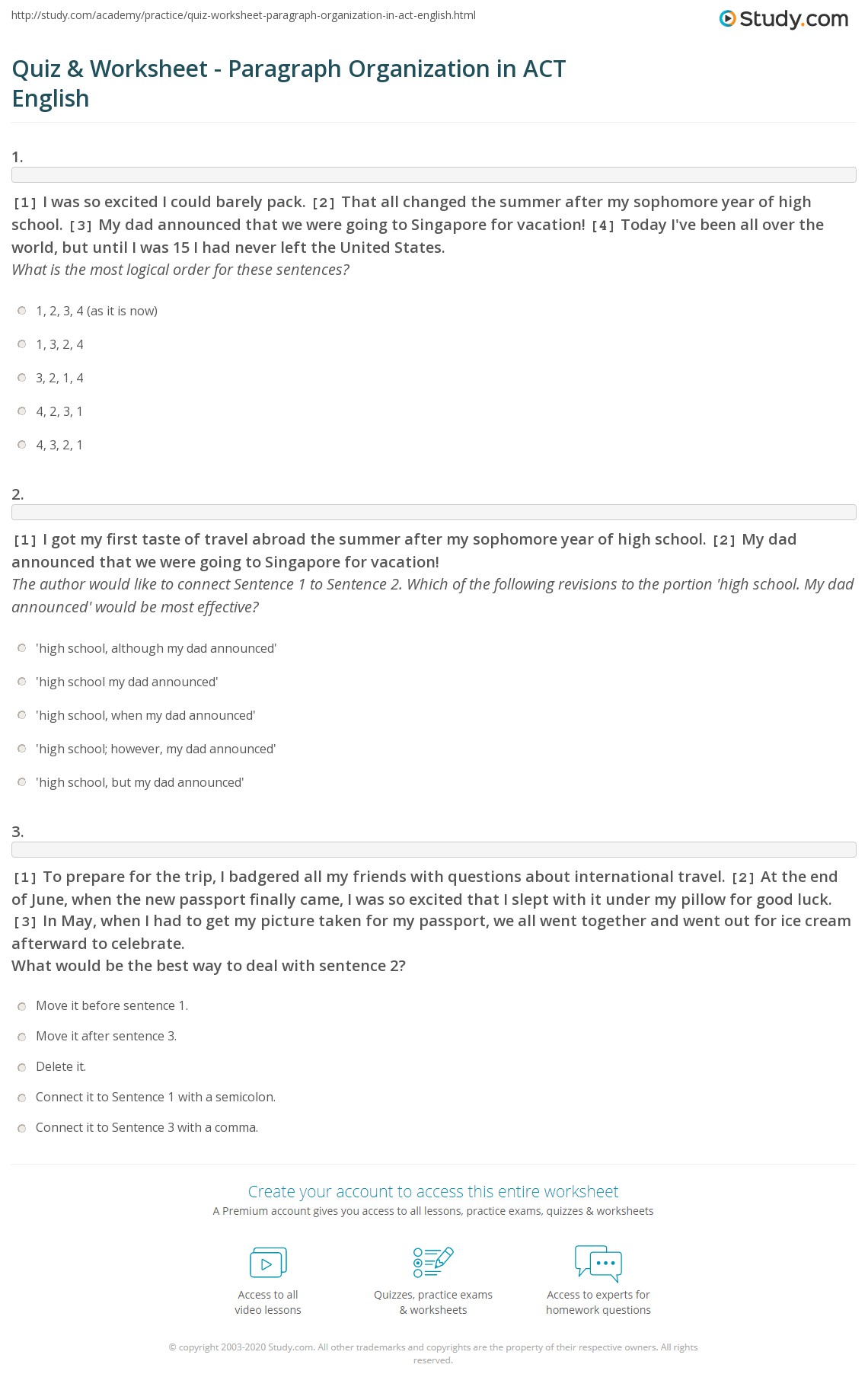 Quiz &  Worksheet - Paragraph Organization in ACT English | Study.com