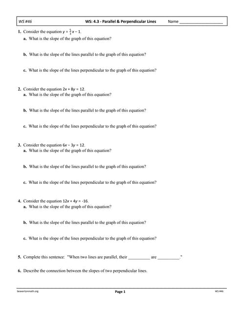 parallel and perpendicular lines worksheet answers