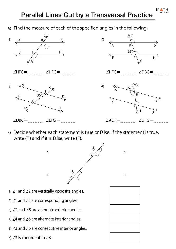Parallel Lines and Transversals Worksheets - Math Monks