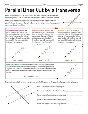 Parallel Lines Cut By A Transversal | Worksheet 