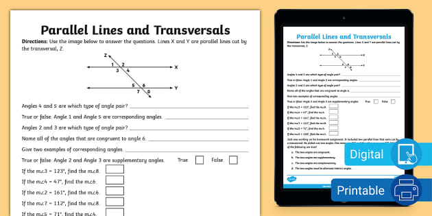 Eighth Grade Parallel Lines and Transversals Activity