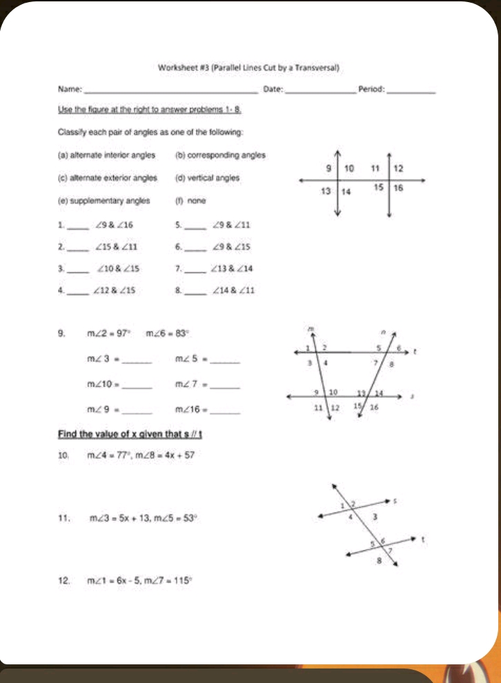 Worksheet 3 Parallel Lines Cut by a | StudyX