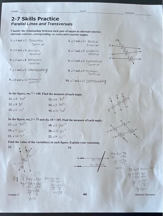 parallel lines transversals worksheet 2 answers
