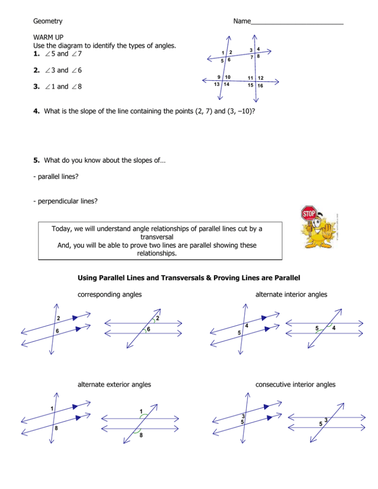 Parallel Lines &amp; Transversals Geometry Worksheet