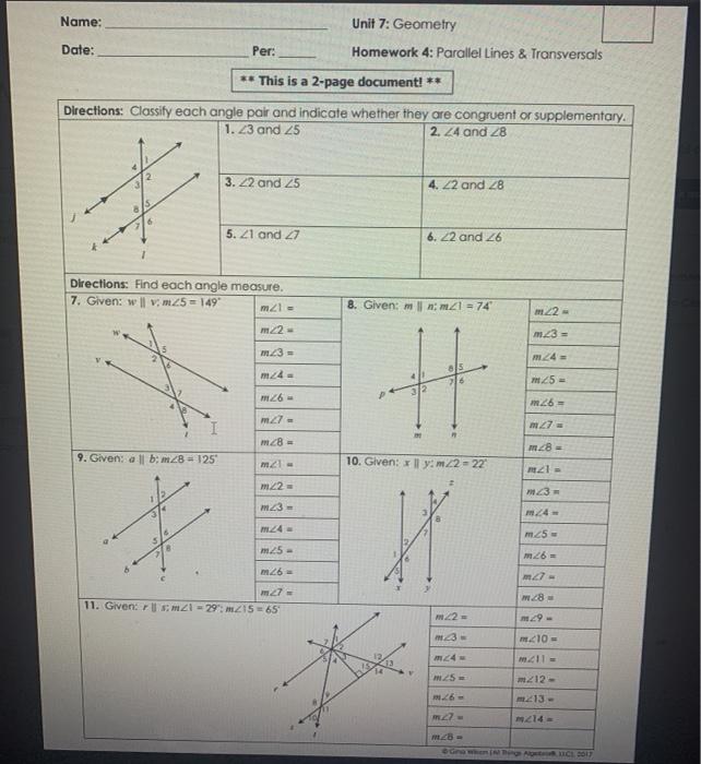 Solved Name: Unit 7: Geometry Homework 4: Parallel Lines &amp; | Chegg ...