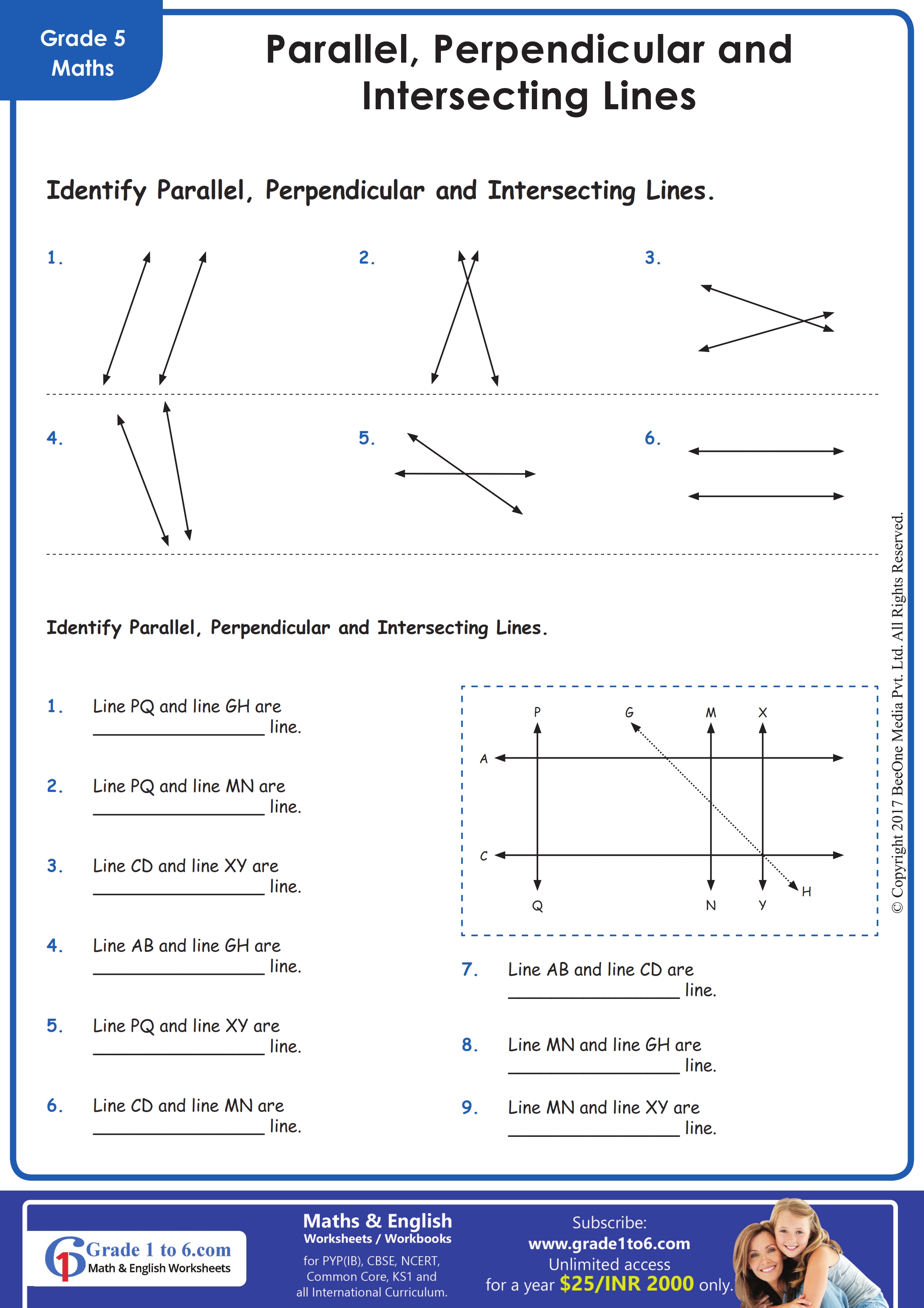 Parallel, Perpendicular &  Intersecting lines worksheet