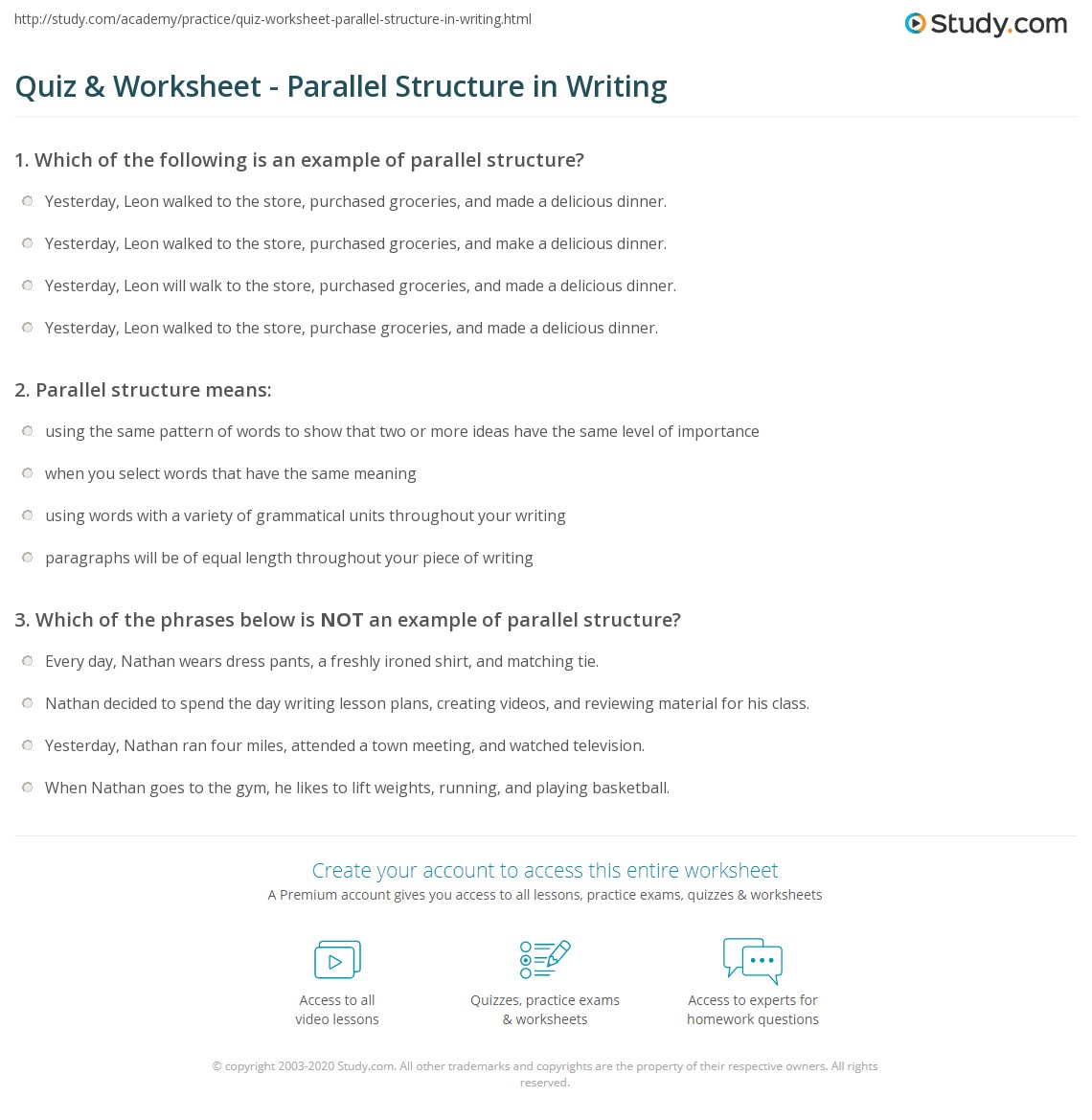 Quiz &  Worksheet - Parallel Structure in Writing | Study.com
