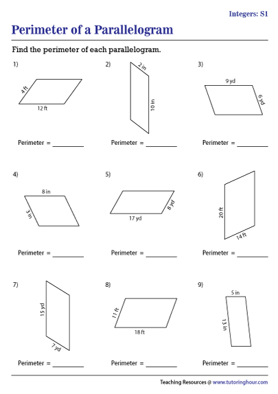 Perimeter of Parallelograms Worksheets