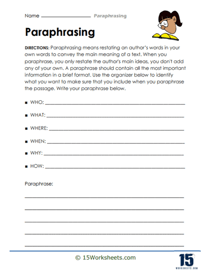 paraphrase worksheet middle school