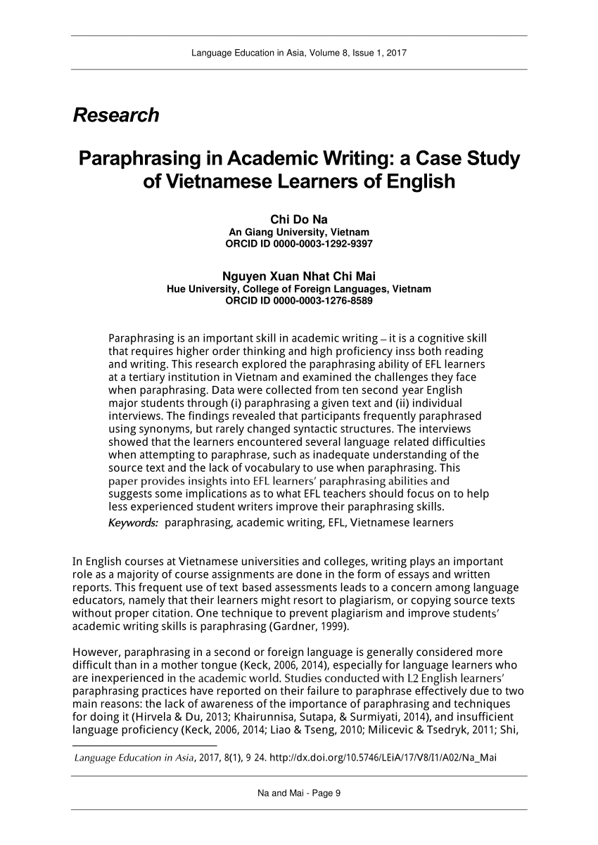 PDF) Paraphrasing in Academic Writing: a Case Study of Vietnamese ...