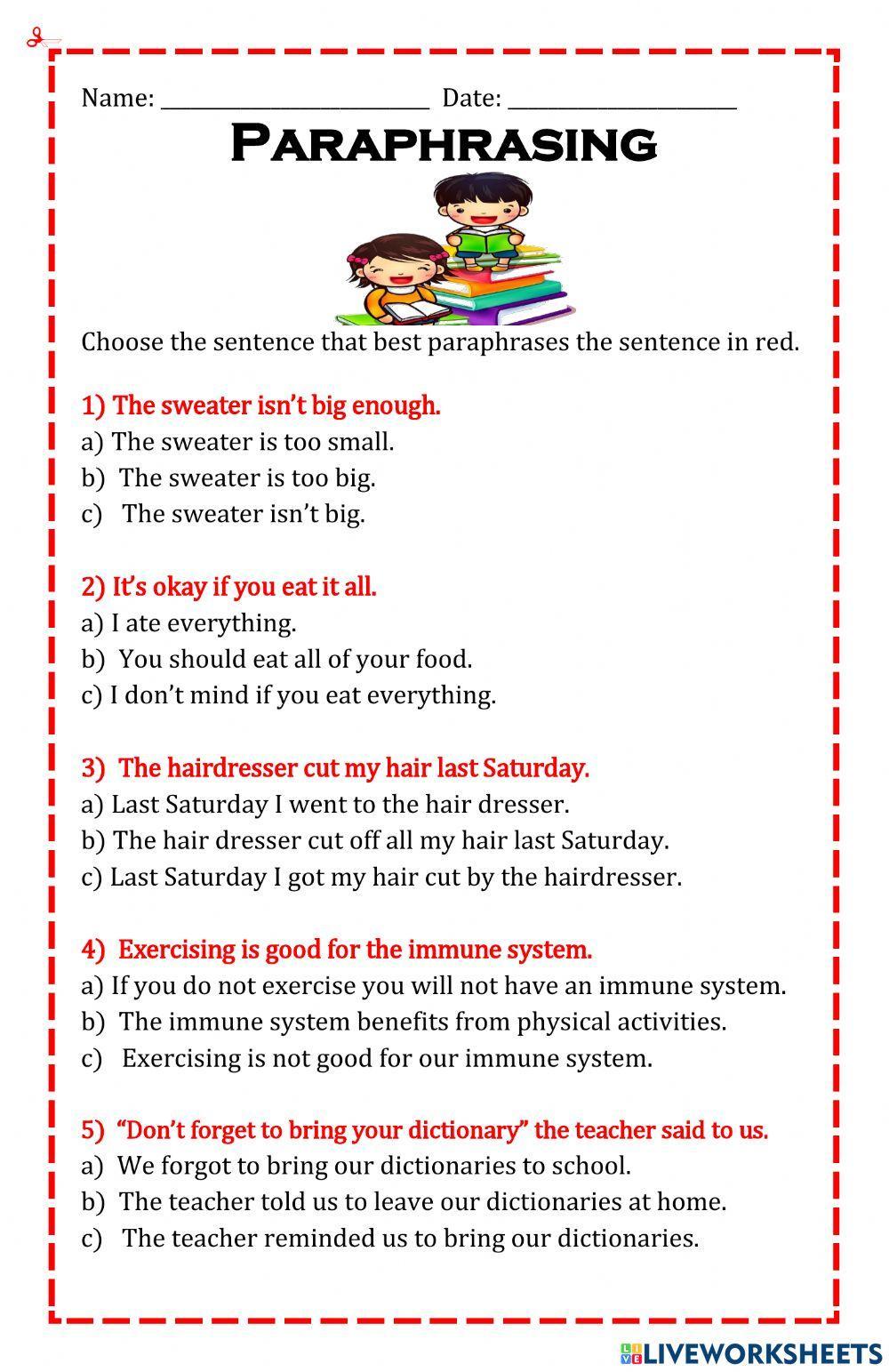 Pdf online worksheet: Paraphrasing  