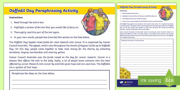 FREE! - Daffodil Day Paraphrasing Worksheet (teacher made)