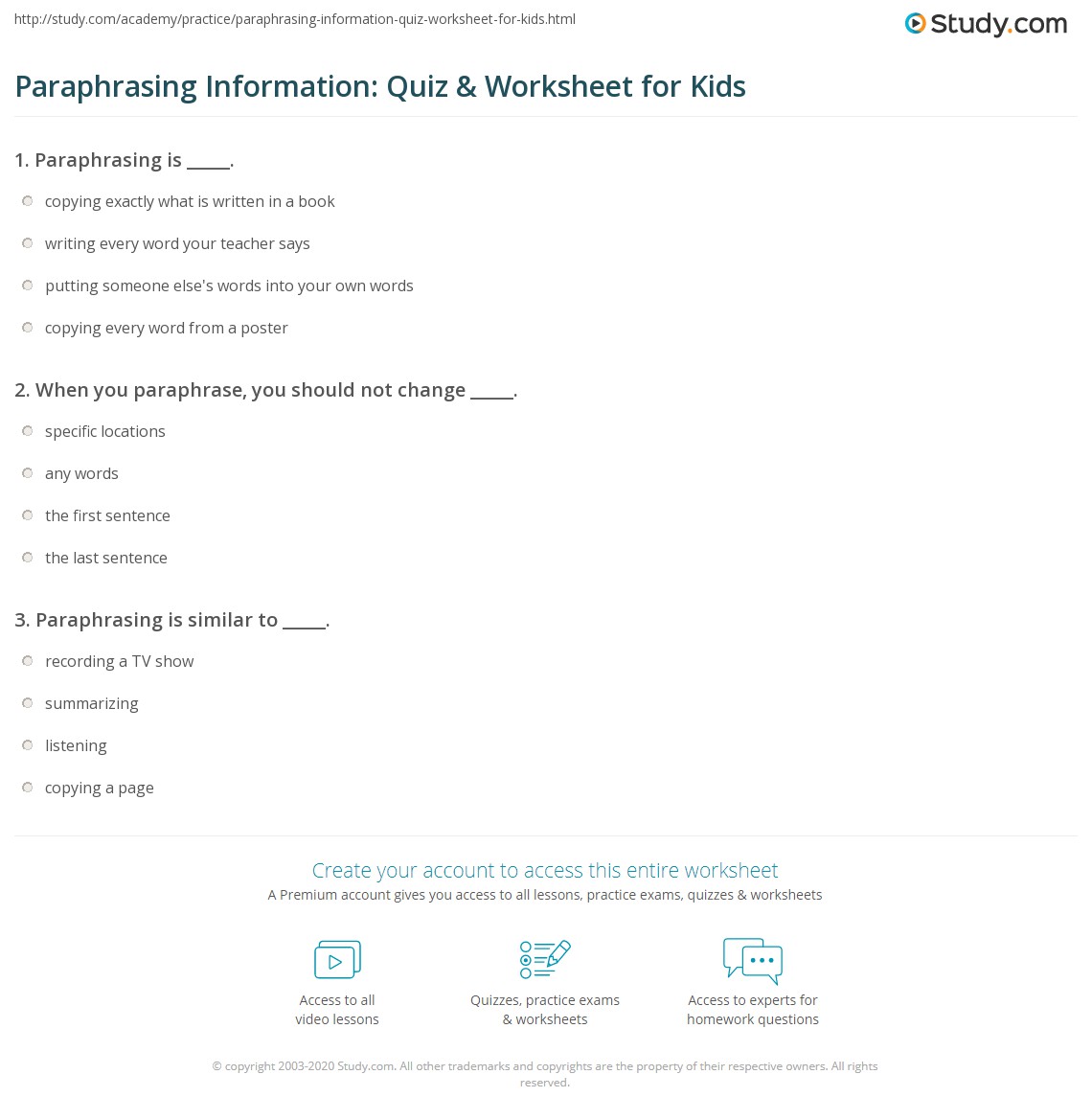 paraphrasing worksheet for 3rd grade