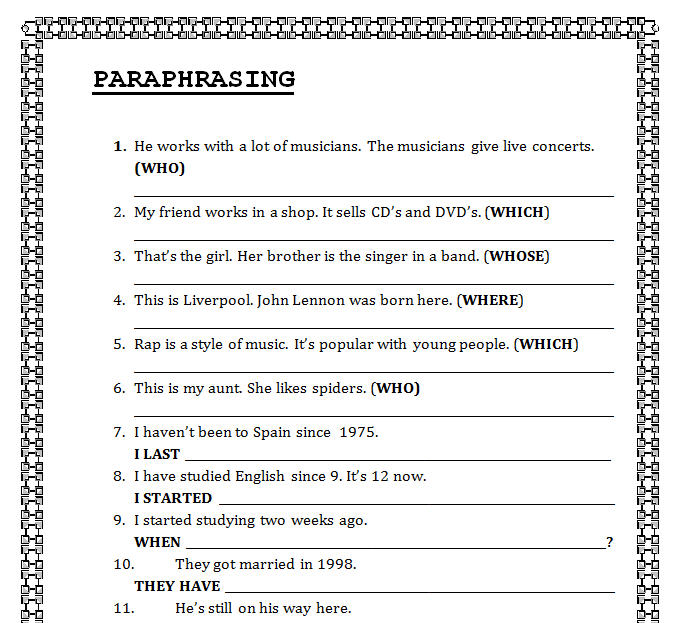PARAPHRASING WORKSHEET FOR GRADE 9 - cavosu1964 site
