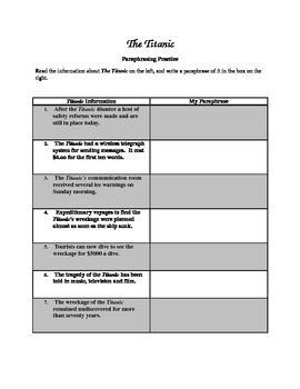 The Titanic: Paraphrasing Worksheet