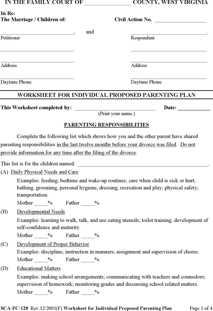 Free West Virginia Worksheet for Individual Proposed Parenting ...