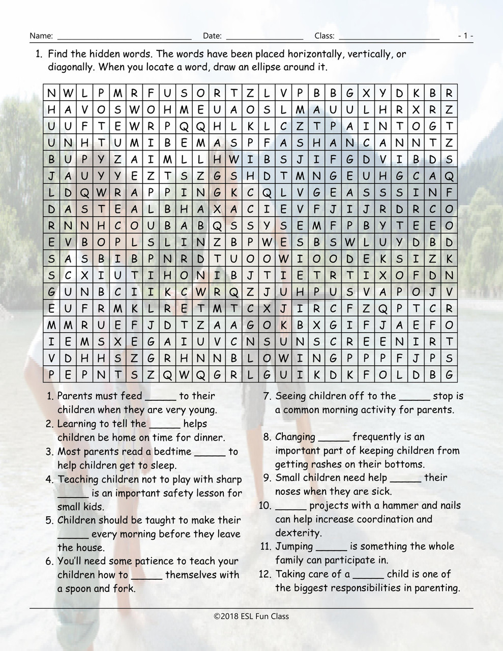 Parenting Activities Word Search Worksheet