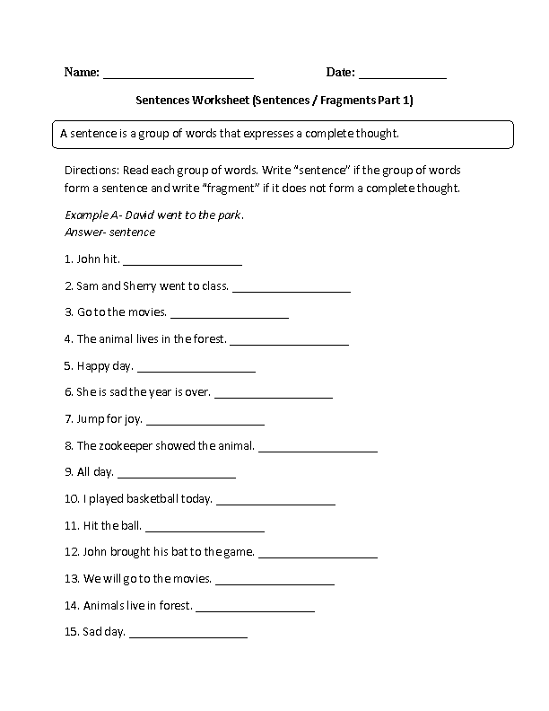part of sentence worksheet