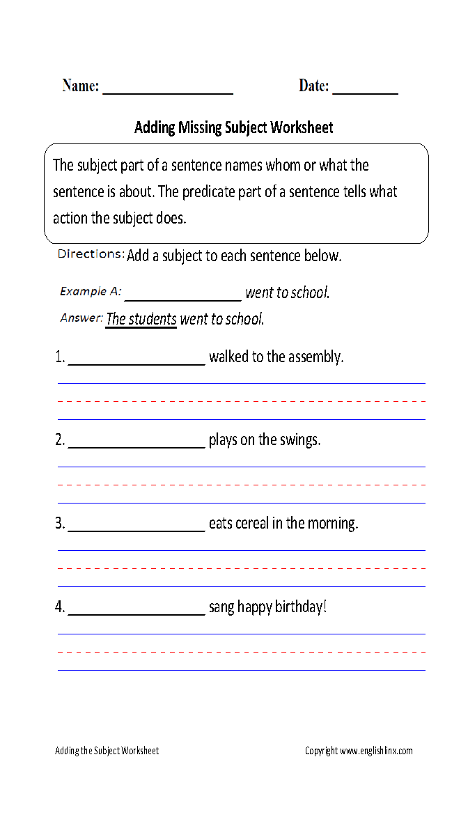 part of sentence worksheet