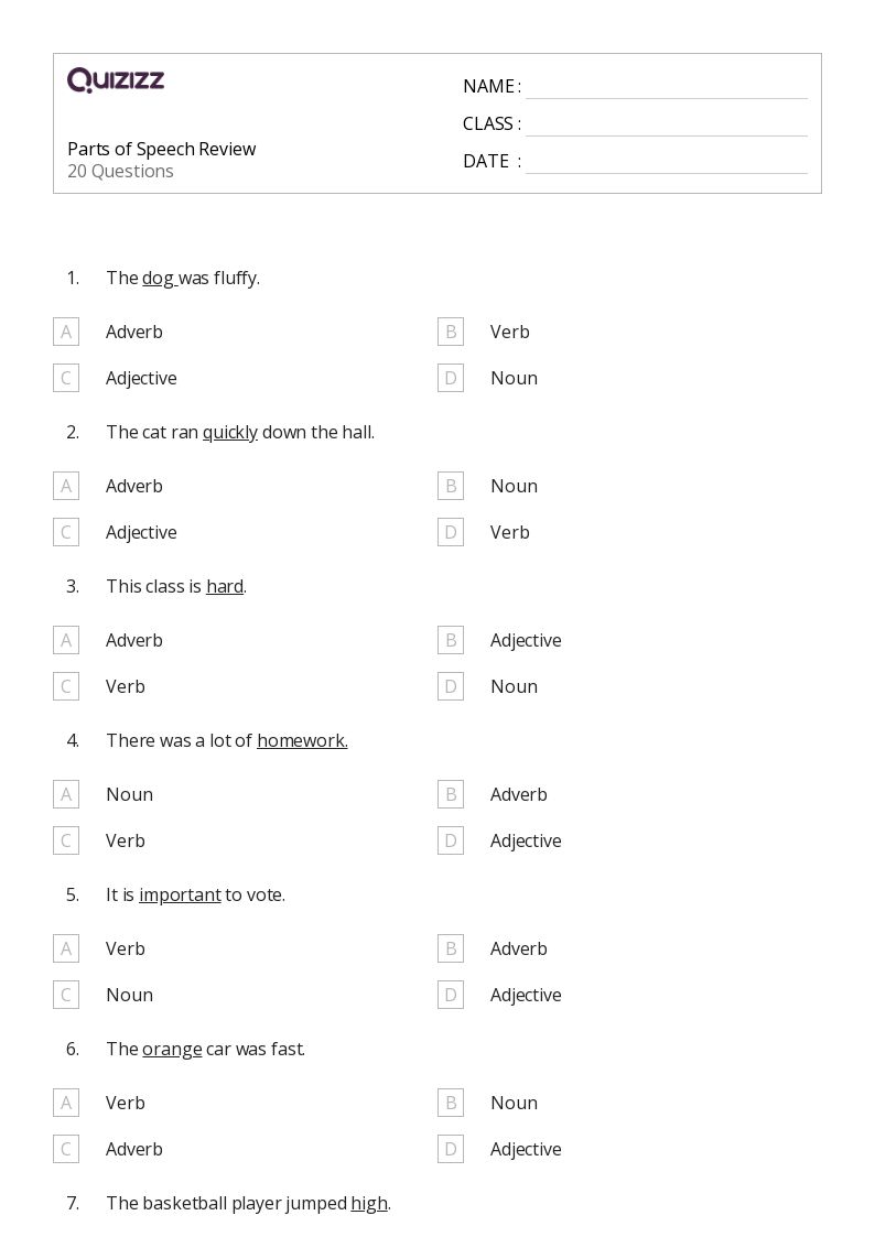 part of speech review worksheet