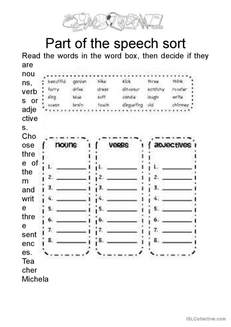 part of speech worksheet for middle school