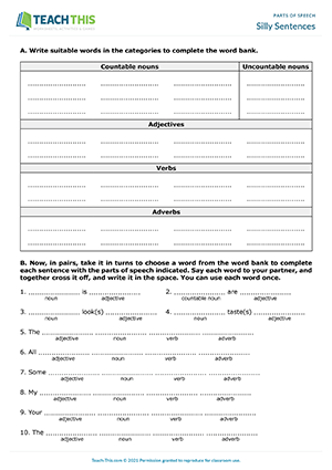 part of speech worksheet for middle school