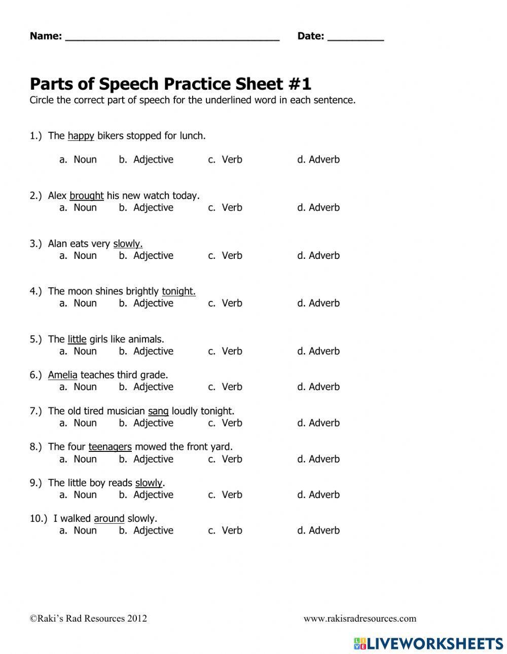 Parts of Speech Practice online worksheet  
