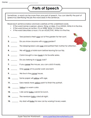 part of speech worksheet middle school