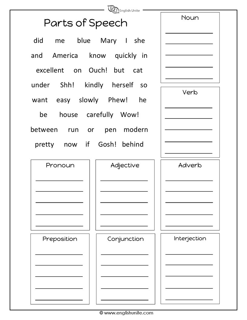 part of speech worksheet